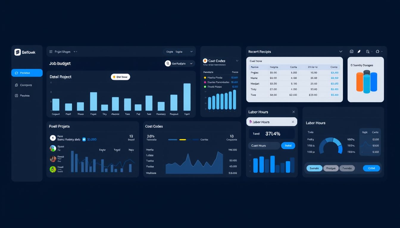 Project Cost Flow full dashboard with job budgets, receipts queue, cost codes breakdown, and labor hours